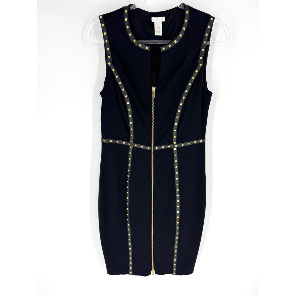 Cache Black Studded Faux Leather Trim Zip Front Sheath Dress Womens 10